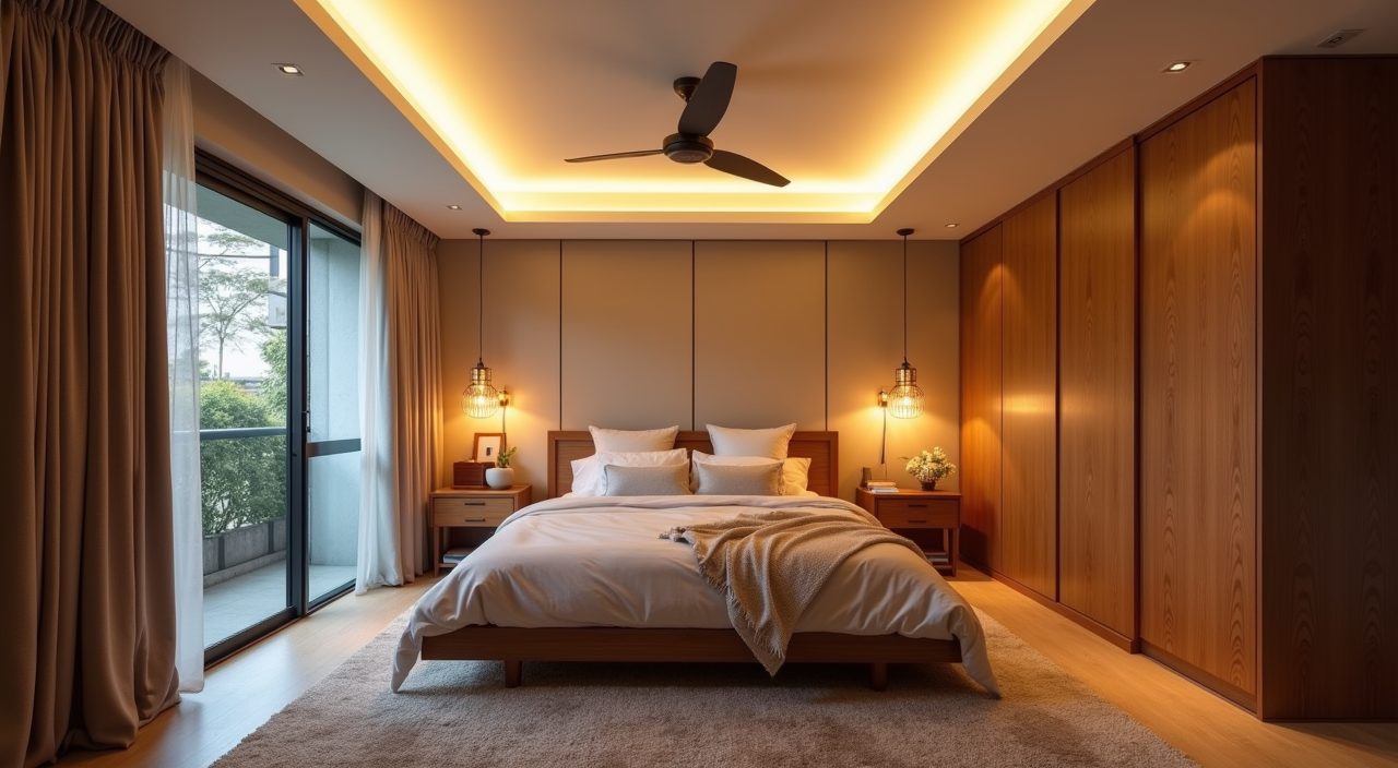 False ceiling with recessed downlights and sputnik wall light in a mid-century modern Singapore master bedroom