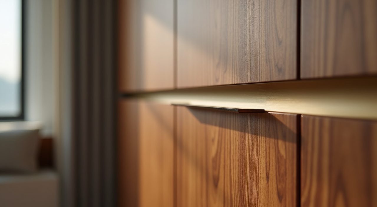 Close-up of warm walnut woodgrain laminate and brushed-brass edge pull in a mid-century modern Singapore bedroom
