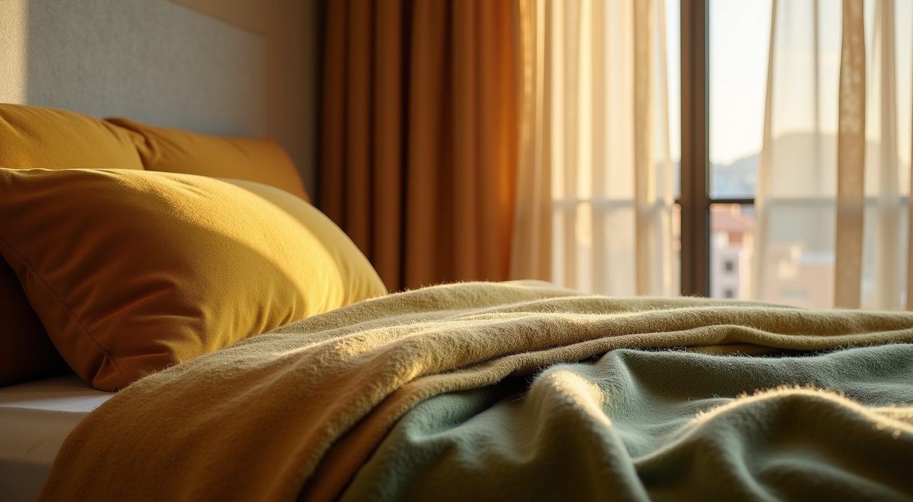 Close-up of mustard cushion, olive-green wool throw and warm sheer curtain in a mid-century modern Singapore bedroom