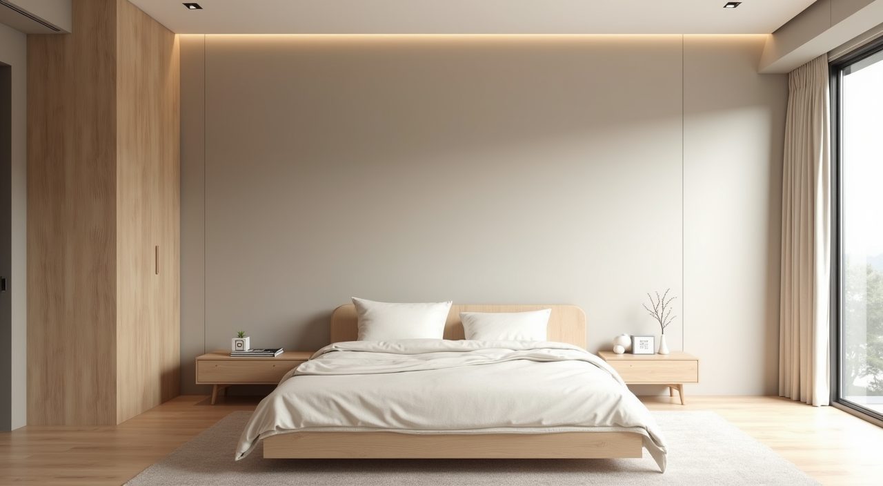 Minimalist Singapore bedroom with warm greige walls and pale oak accents