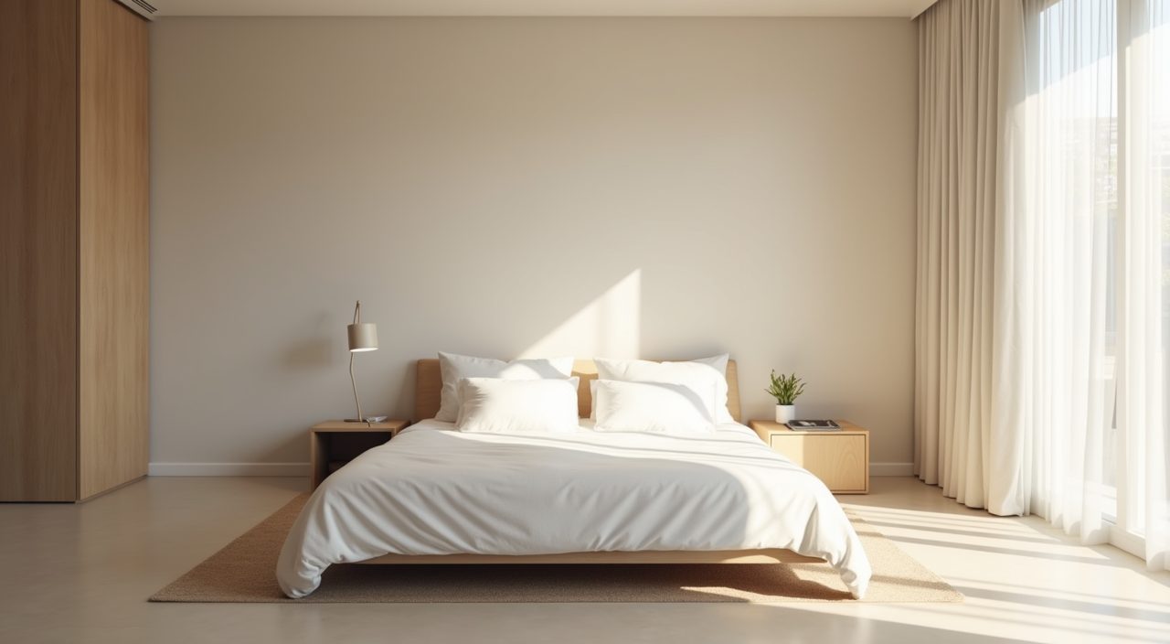Minimalist Singapore bedroom morning mood shot in warm white and sand palette