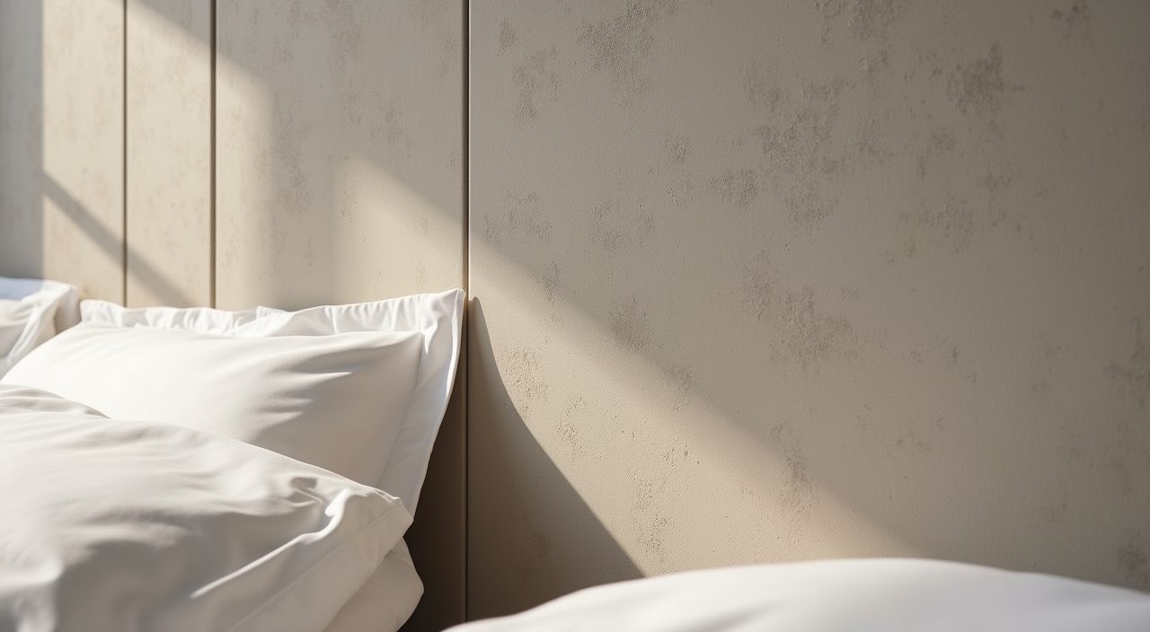 Minimalist Singapore bedroom microcement headboard wall texture and laminate finish detail