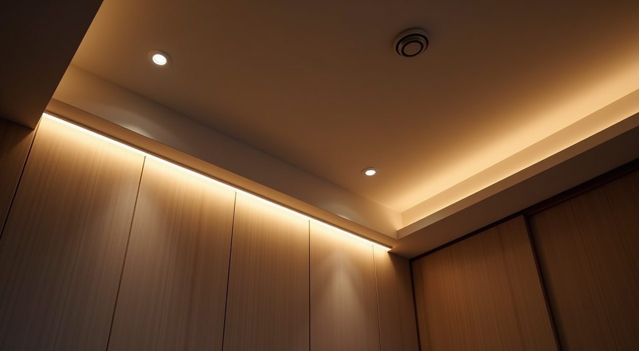 Minimalist Singapore bedroom lighting detail with warm cove glow and recessed downlights