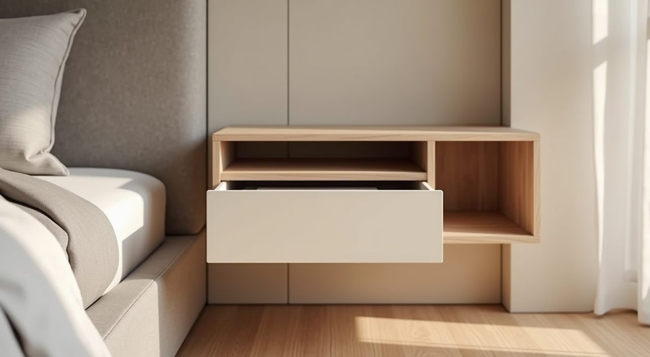 Minimalist Singapore bedroom concealed floating bedside shelf and recessed headboard niche