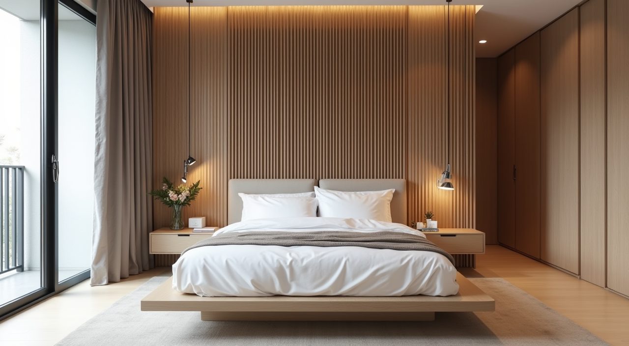 Minimalist Singapore bedroom with fluted timber feature wall behind the bed