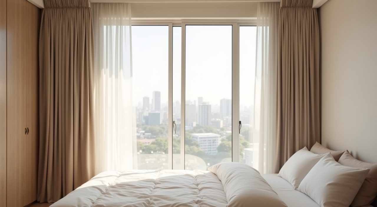 Minimalist Singapore bedroom with floor to ceiling sheer and blockout curtains at a west facing window