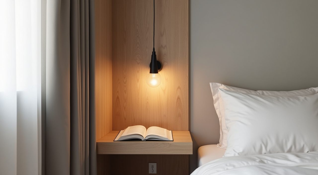 Minimalist Singapore bedroom reading nook corner with wall mounted ledge and warm pendant light