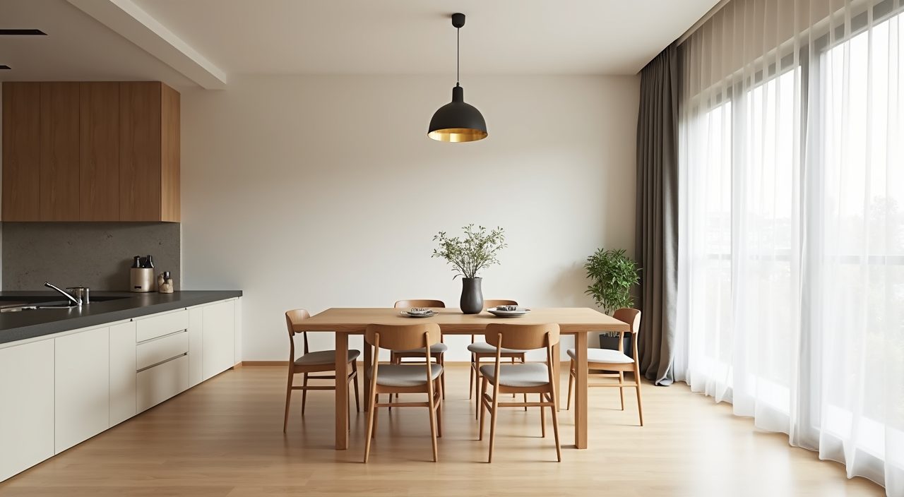 Minimalist Singapore dining area with warm neutral greige palette and light oak table