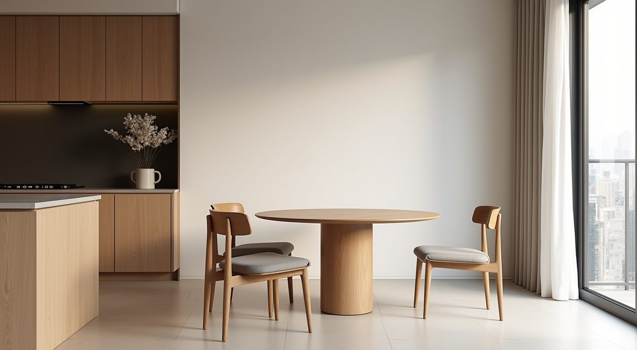 Minimalist Singapore dining area with round pedestal oak table sized for a small flat