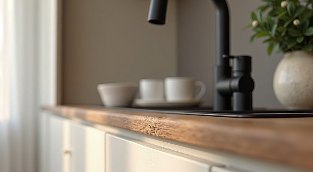 Matte black accent detail against warm timber in a minimalist Singapore dining area