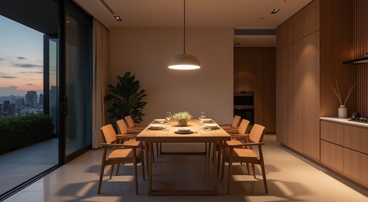 Minimalist Singapore dining area glowing warmly under a dimmed pendant at dusk