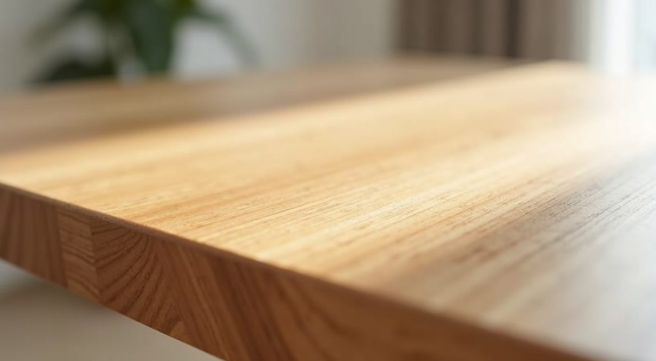Close up of light oak timber grain on a minimalist dining table in a Singapore home