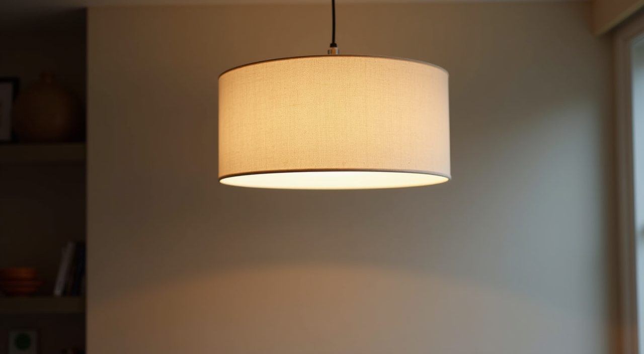 Minimalist linen drum pendant light over a dining table in a Singapore home