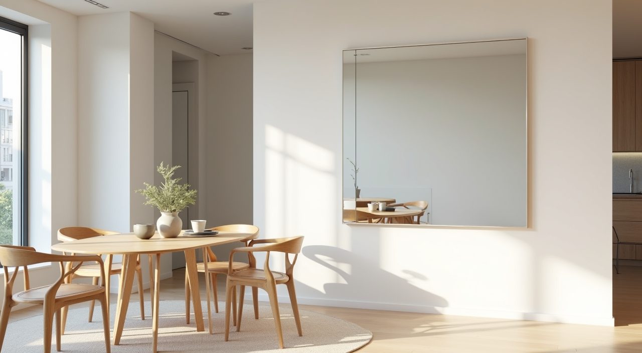 Large frameless mirror stretching a small minimalist dining area in a Singapore flat