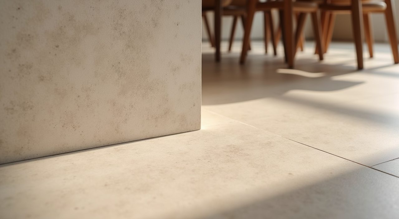 Matte warm toned large format porcelain flooring detail in a minimalist Singapore dining area