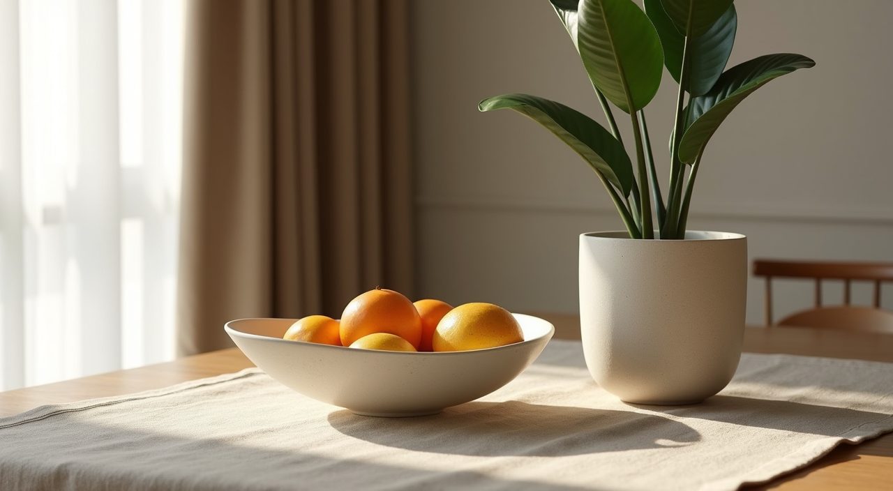 Minimalist dining table styling with sculptural bowl, linen runner and snake plant in a Singapore home