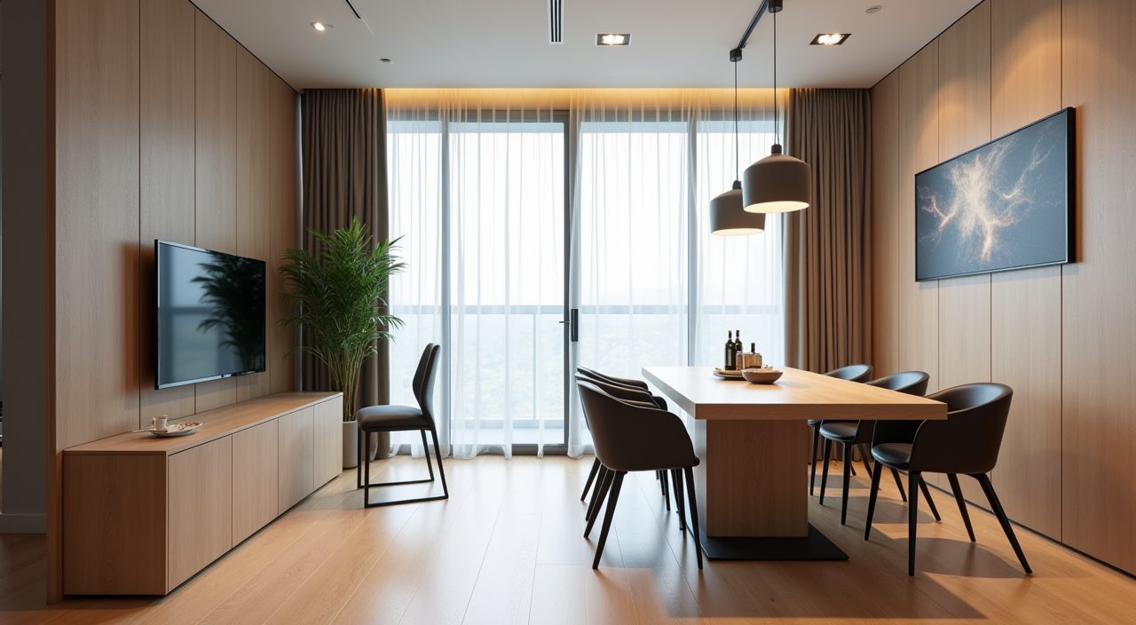 Glass frame partition zoning a minimalist dining area in a Singapore condo
