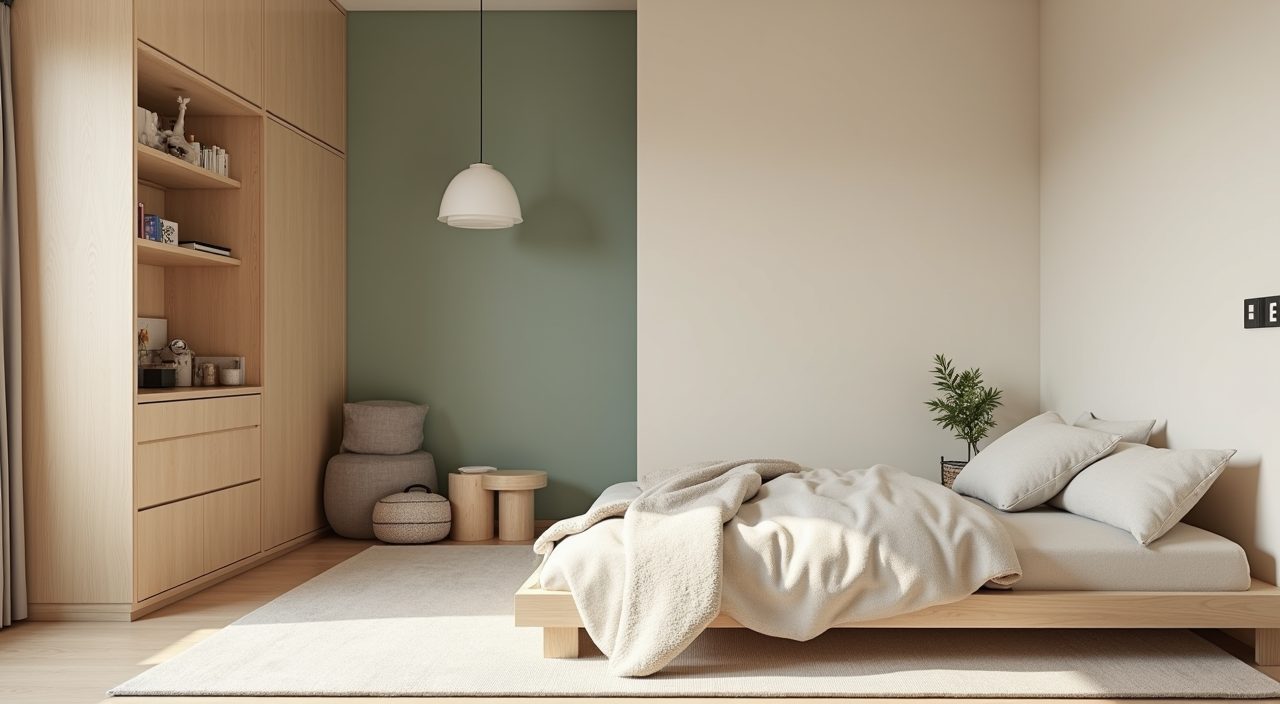 Minimalist Singapore kids room with warm greige and oat neutral walls and timber-look laminate