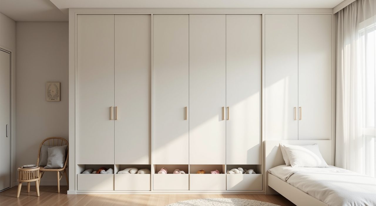 Minimalist Singapore kids room full-height floor-to-ceiling built-in wardrobe storage