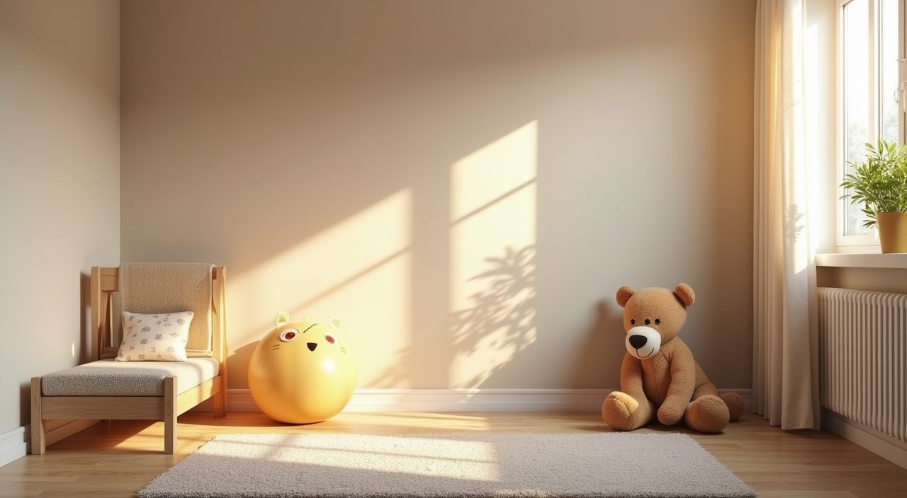 Minimalist Singapore kids room golden hour mood shot with neutral walls and play rug
