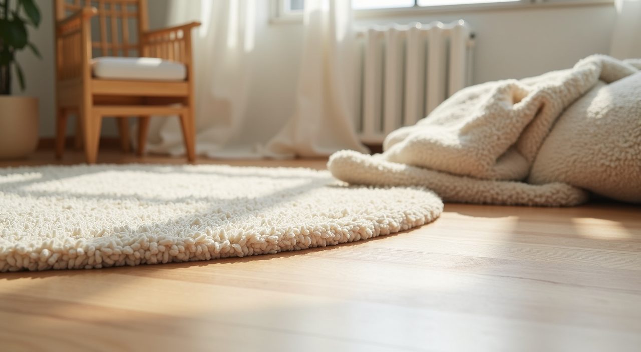 Minimalist Singapore kids room washable play rug and laminate flooring texture detail
