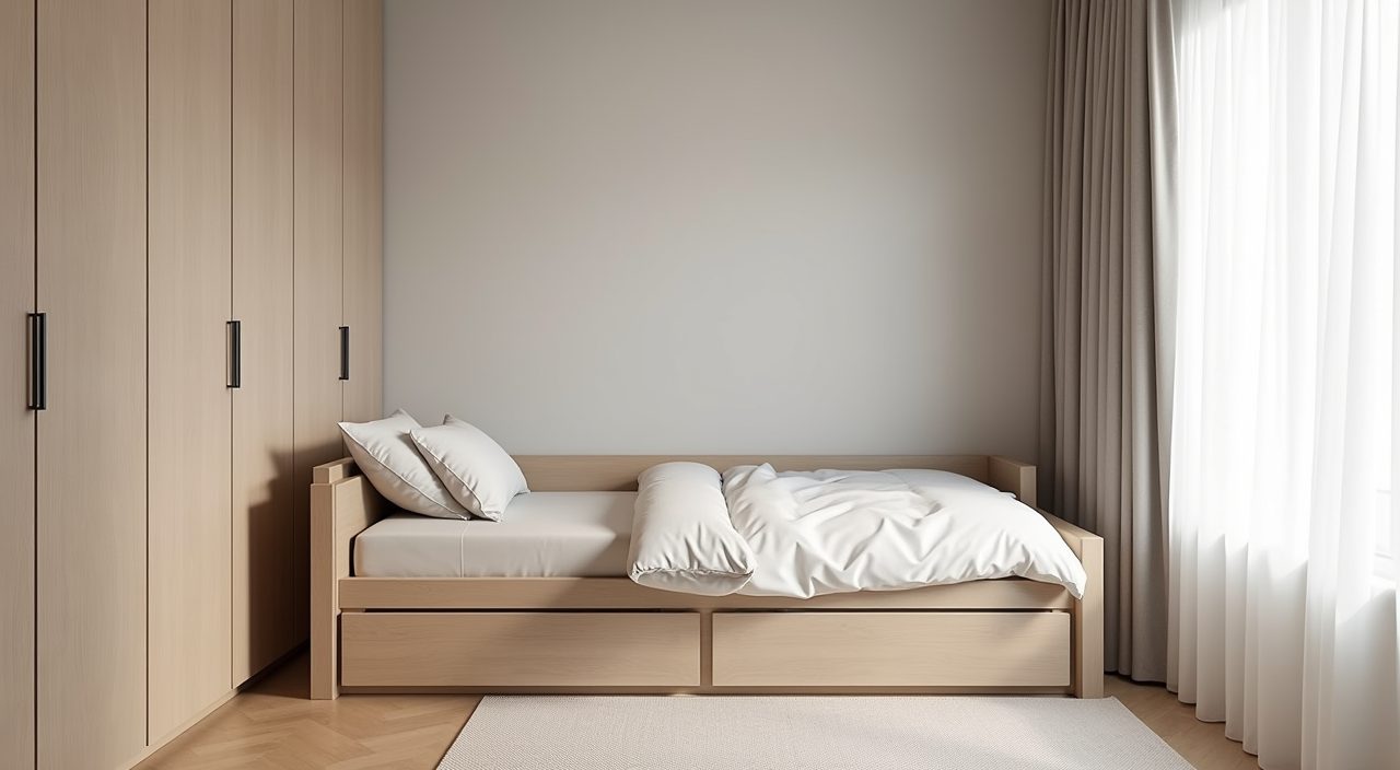 Minimalist Singapore kids room single bed with under-bed storage drawers in timber-look finish