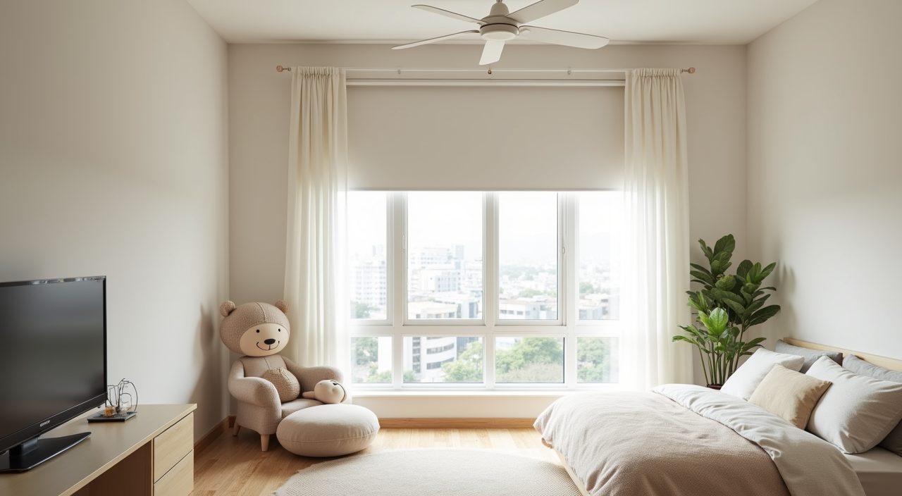 Minimalist Singapore kids room window with roller blinds and blackout layers for airflow and glare control
