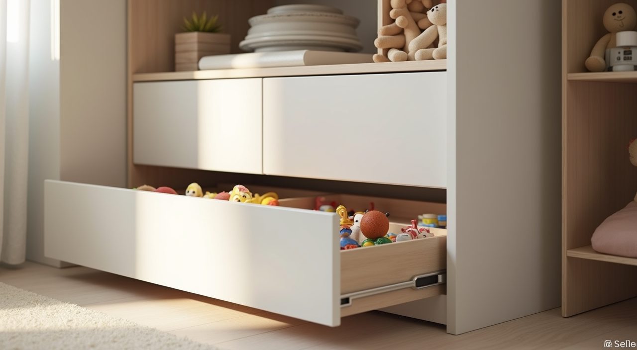 Minimalist Singapore kids room low child-height pull-out toy storage bins detail