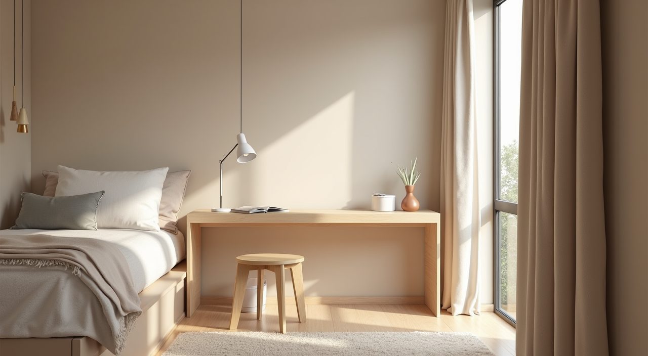 Minimalist Singapore kids room study desk nook tucked under a loft bed by the window