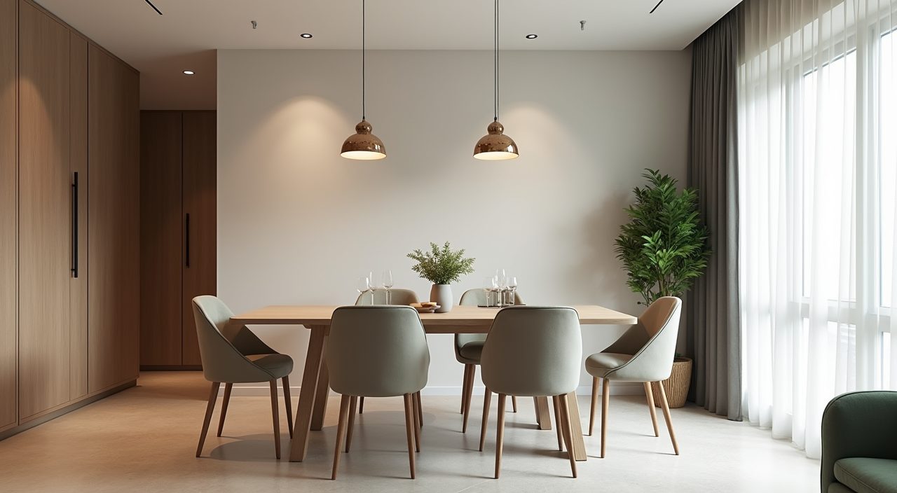 Modern contemporary Singapore HDB dining area with warm neutral palette and one green accent chair