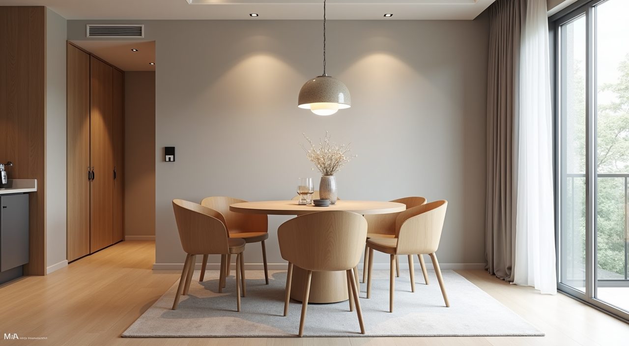 Modern contemporary Singapore condo dining area with a round table sized to the floor plan