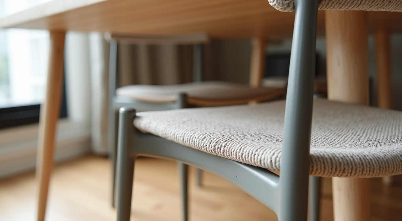 Modern contemporary dining chair detail with slim metal frame and performance fabric in a Singapore home