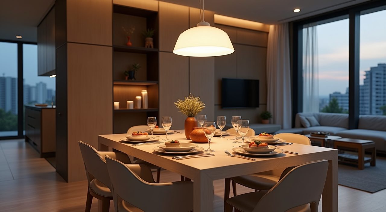 Modern contemporary Singapore dining area mood shot at dusk with dimmed warm pendant light
