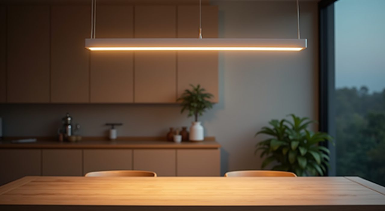 Modern contemporary linear pendant light detail above a Singapore dining table