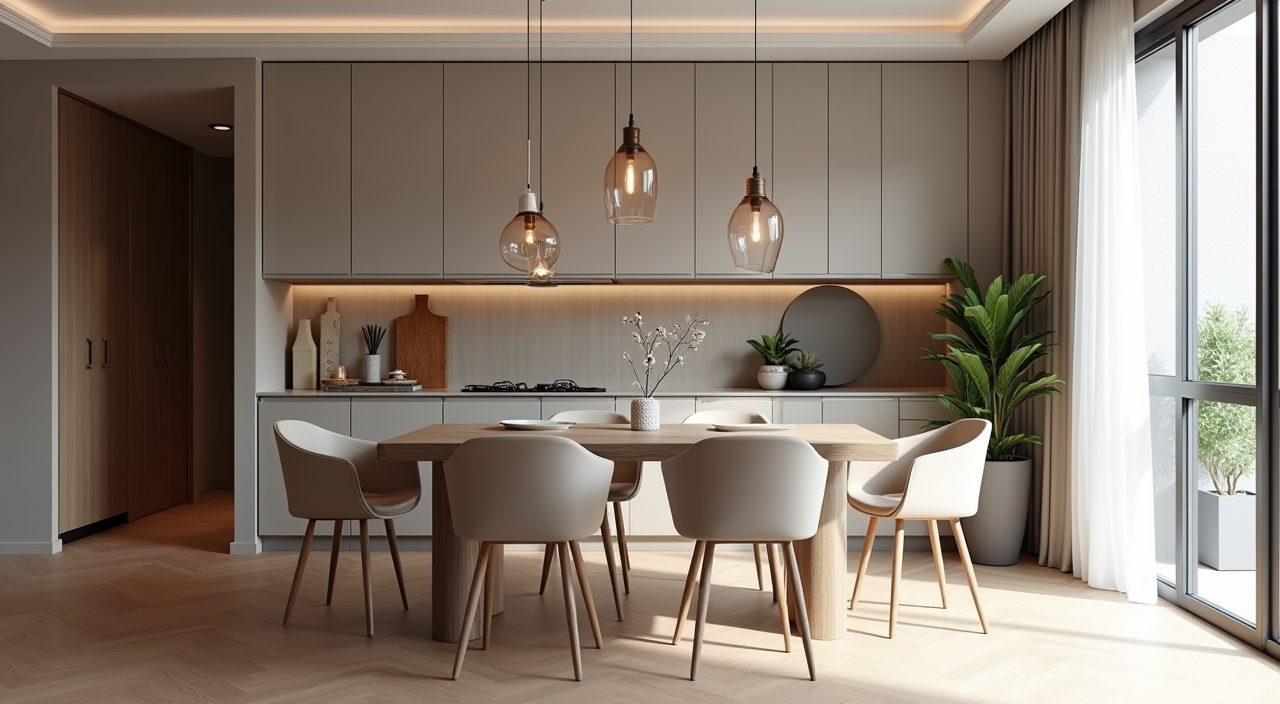 Modern contemporary slim built in dining storage with handleless matte fronts in a Singapore HDB flat