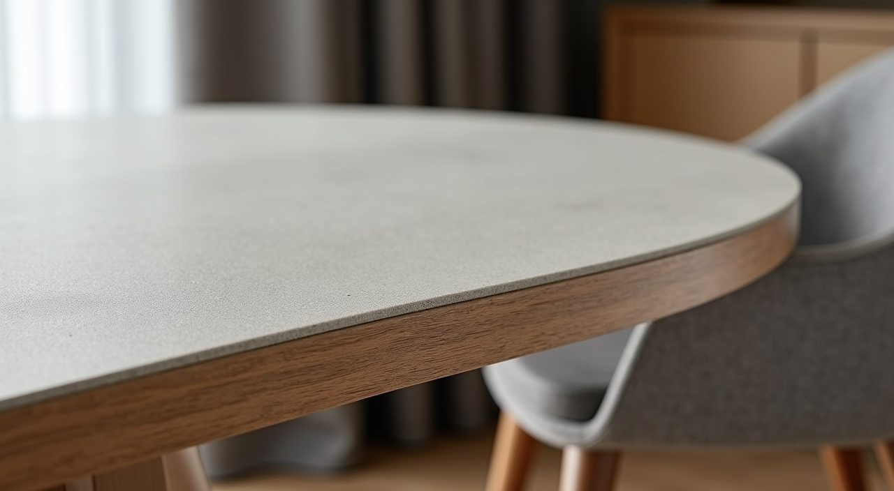 Modern contemporary dining table material detail with sintered stone top and performance fabric seating for Singapore humidity
