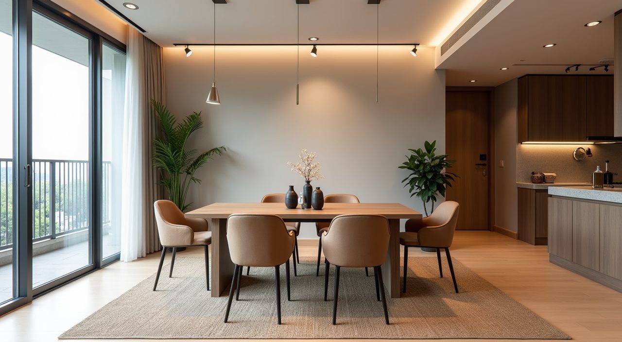 Modern contemporary Singapore dining area zoned with a flat weave rug and dropped ceiling detail