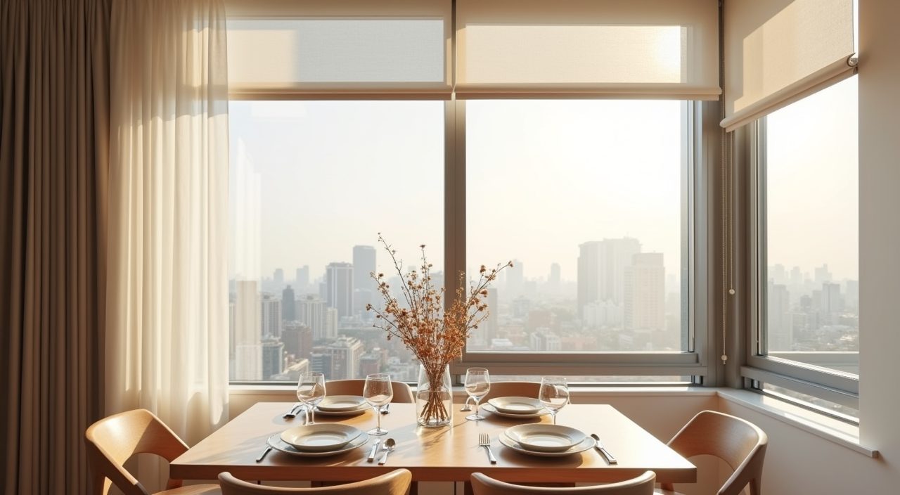 Modern contemporary Singapore dining area with sheer curtains and blinds managing daylight glare