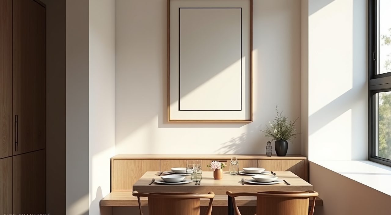 Modern contemporary Singapore dining nook with a large wall mirror stretching the tight corner