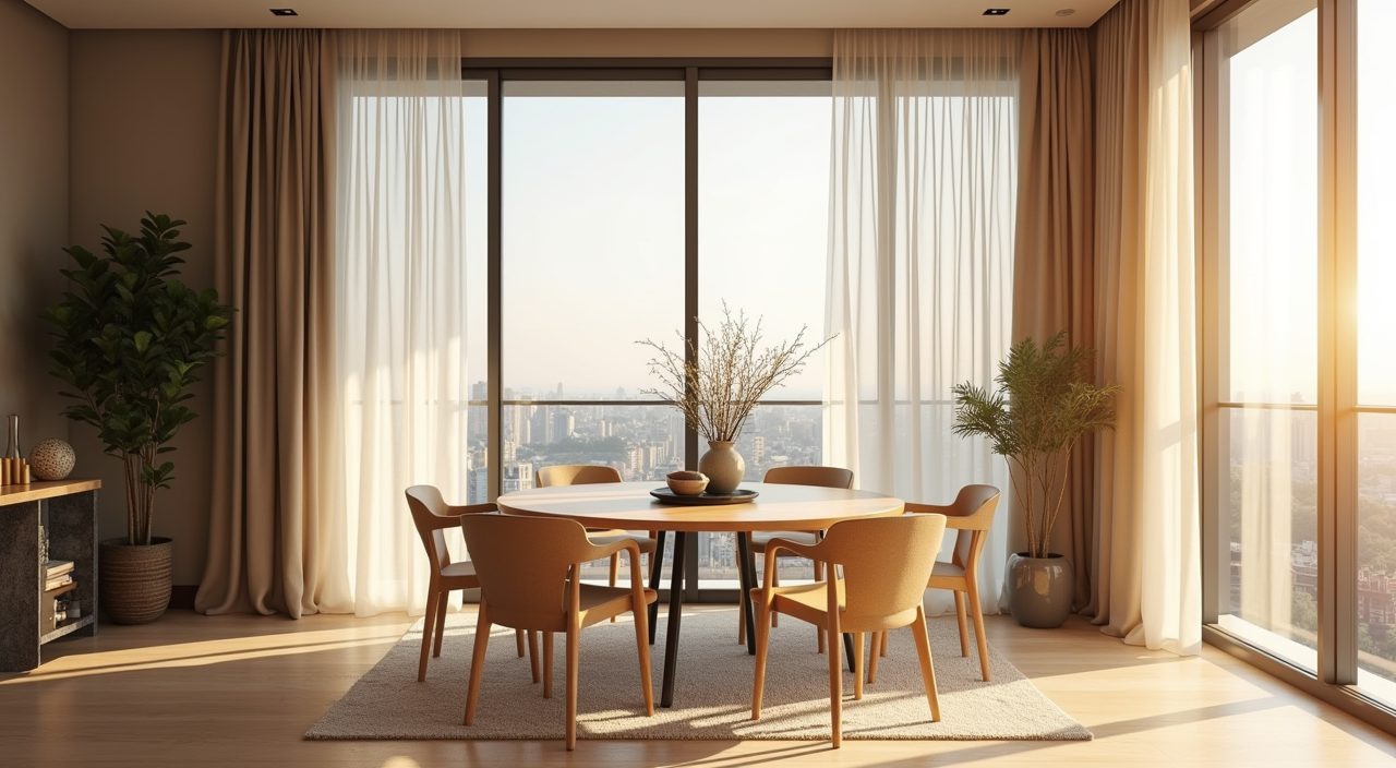 Modern contemporary Singapore dining corner with solar film and layered sheers on a west facing window