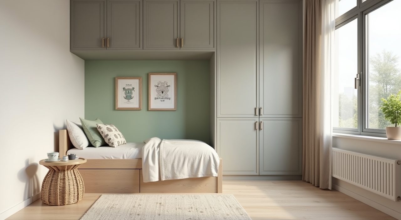 Modern contemporary kids room in a Singapore HDB flat with warm neutral walls and a single green accent wall
