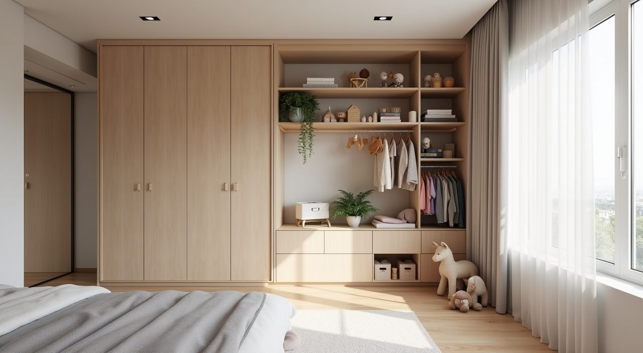 Modern contemporary kids room in a Singapore condo with full height wardrobe and vertical wall shelving