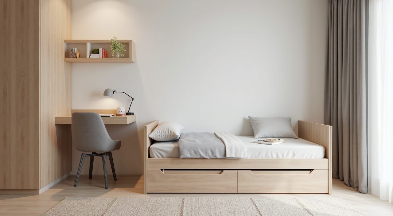 Modern contemporary kids room in Singapore with a grow with child single bed, trundle and adjustable desk