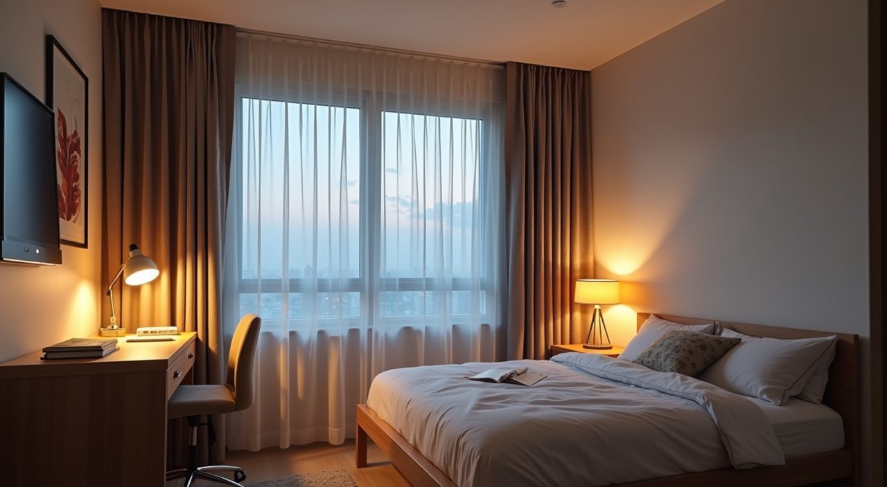Modern contemporary kids room in Singapore showing layered ceiling, task and bedside lighting at dusk