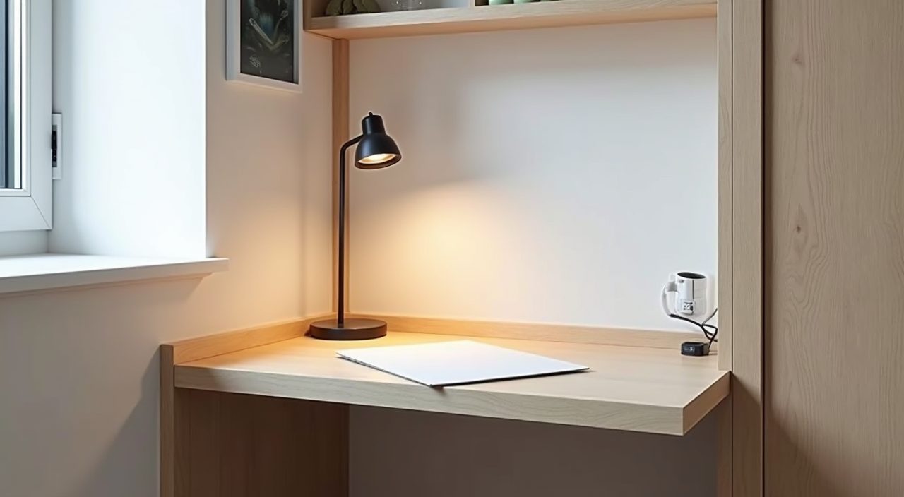 Modern contemporary study nook in a Singapore kids room with a slim built in worktop under the window