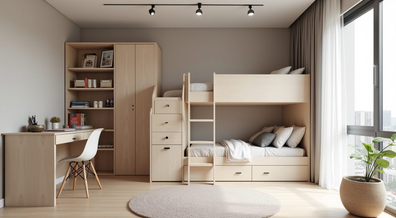 Modern contemporary shared kids room in a Singapore HDB flat with a loft bed and zoned study and play areas