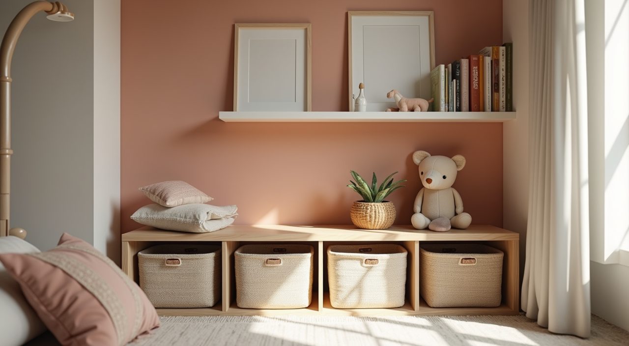 Close up of fabric baskets and curated shelving styling in a modern contemporary Singapore kids room