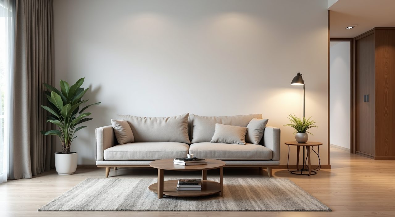 Modern contemporary Singapore living room with low slim sofa and open floor walkway