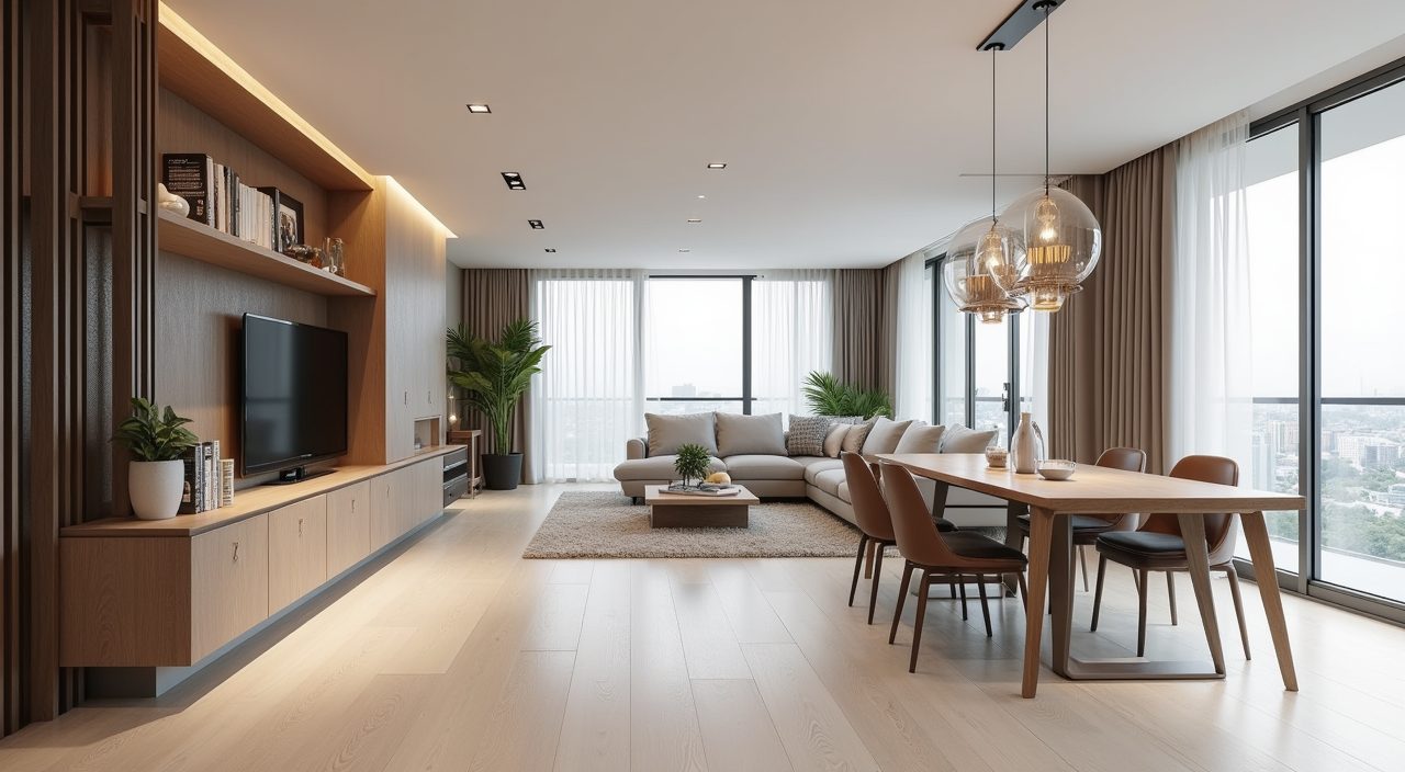 Modern contemporary Singapore open-plan living and dining with low zoning sideboard