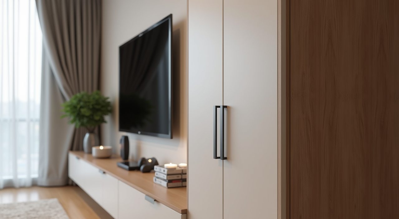 Modern contemporary Singapore living room built-in carpentry storage with handleless fronts